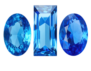 Three vibrant blue gemstones,  a rectangle, and two oval cuts,  set against a black background.  High-resolution 3D rendering