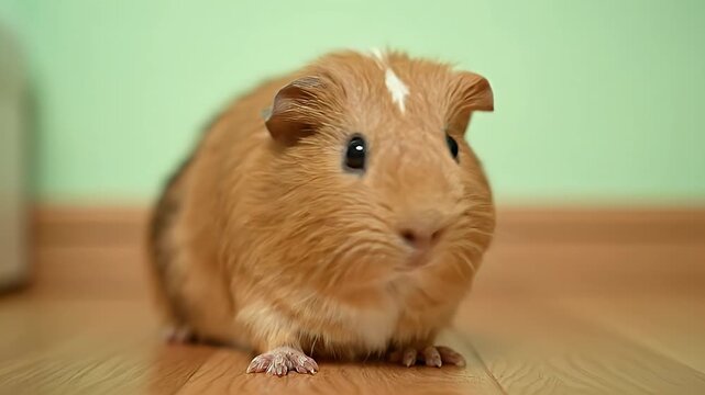 Adorable brown and white guinea pig looking at camera, a popular domestic pet with soft fur on wooden floor