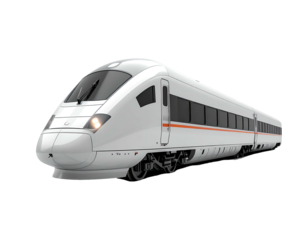 Sleek, white high-speed passenger train, angled right, against solid black background