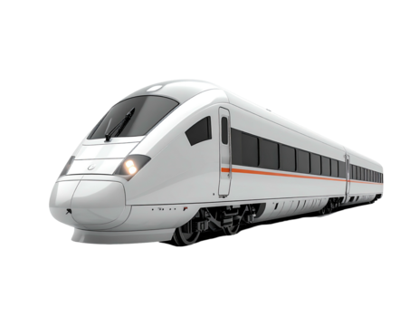 Sleek, white high-speed passenger train, angled right, against solid black background