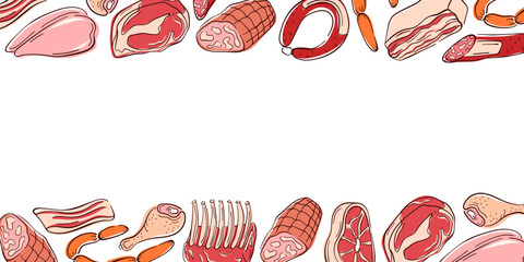 Border frame with various meat cuts, chicken, bacon in flat style. Ideal for butcher shop design, recipe book or background.