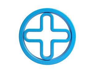 Obraz premium A glossy blue plus sign within a circle, floating against a stark black background