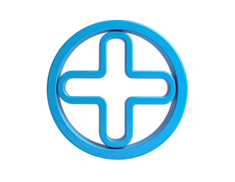 A glossy blue plus sign within a circle, floating against a stark black background