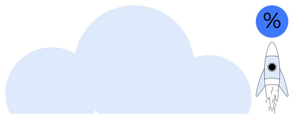 Rocket launching past clouds with a percentage sign, symbolizing progress, innovation, and growth. Ideal for technology, business, analytics, success ambition investment startup concepts. Simple