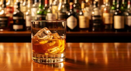 Glass of whiskey with ice on a bar counter with blurred bottles in background