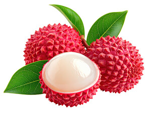 Red lychee fruit, one halved, with green leaves