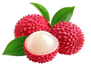 Red lychee fruit, one halved, with green leaves
