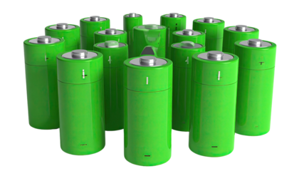 Group of upright green cylindrical objects with silver tops, standing against black