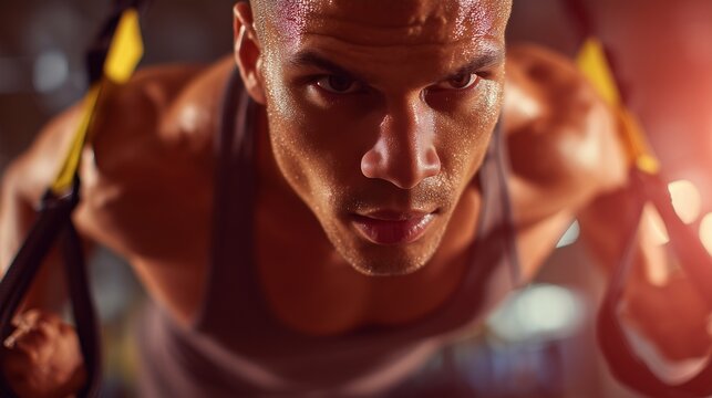 A man grips suspension straps during an intense gym workout. The man pulls the straps firmly while the gym lighting highlights his muscles and straps.