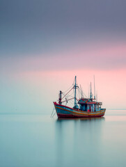 Fototapeta premium Colorful Fishing Boat Floating on Calm Sea at Pastel Sunset Minimalist Seascape