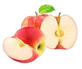 crisp red and yellow apple with a slice and green leaf