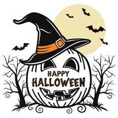 Spooky Halloween Pumpkin Witch Hat Illustration