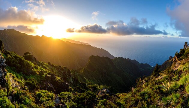 Panoramic sunset view over lush, mountainous terrain