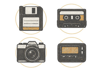Set of retro technology icons including floppy disk, audio cassette, film camera, and pager devices representing vintage communication and data storage