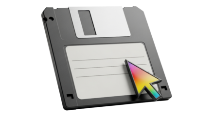Isolated floppy disk and cursor represent storage and technology of the past decades