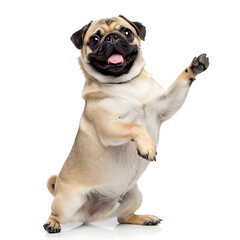A cheerful pug standing on its hind legs with its tongue out against a white studio background looking happy