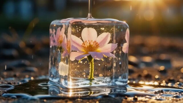 A close-up of a flower encased in ice with sunlight creating a shimmering effect around it
