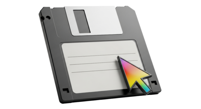 Isolated floppy disk and cursor represent storage and technology of the past decades