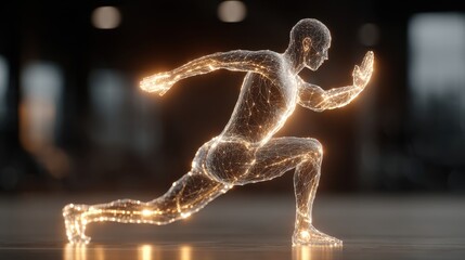 Digital Man Running in Motion with Golden Wireframe Structure