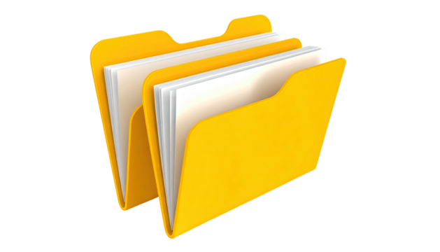 Yellow file folders, one in front, with white papers inside. Transparent BG