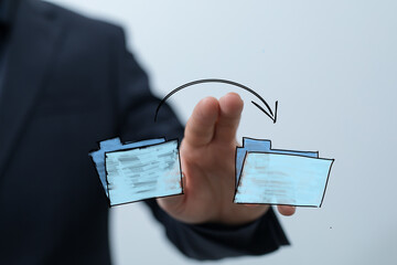 Hand moving files, data transfer, digital, business, technology, workflow, sharing, online, secure, efficient, fast, modern, concept, proc