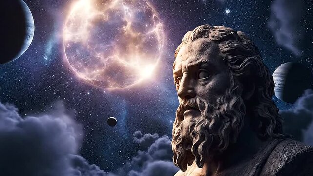 Ancient Greek Philosopher Statue Contemplating the Cosmic Nebula.