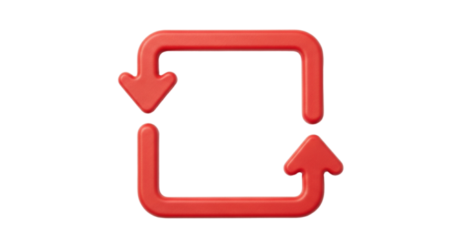 Isolated red square curved arrows, loop, repeat, refresh, reload, update, synchronization sign