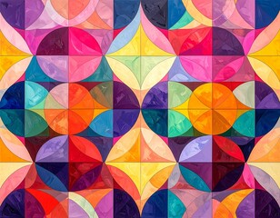 A vibrant and colorful abstract geometric pattern featuring interlocking circles, arcs, and diamond shapes in a symmetrical, tiled design.