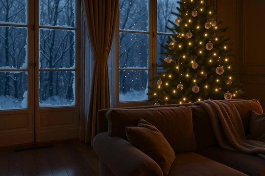 Cinematic video, 4K, 16:9, 24fps. Slow dolly shot through a luxurious empty living room on New Year's Eve. Warm glow from a decorated Christmas tree, flickering fireplace light, snow falling outside f