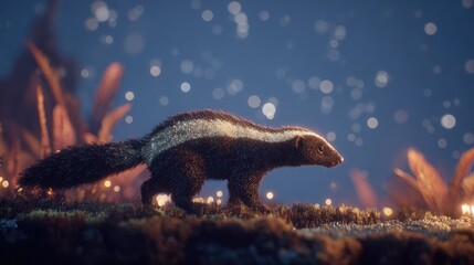 Obraz premium Striped skunk in a mystical, night-time environment.