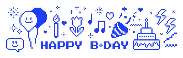 Birthday 8 bit gaming style vector illustration in pixel art. Pixel birthday game blue icons, text Happy B-day on white bg. Party popper, balloons, cake, confetti. Retro arcade celebration pattern