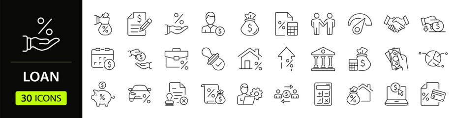 Loan set of web icons in line style. Loan and Credit linear icon collection. Containing loan, money, credit rating, business, leasing, interest, calculator, income, banking and more. Editable stroke