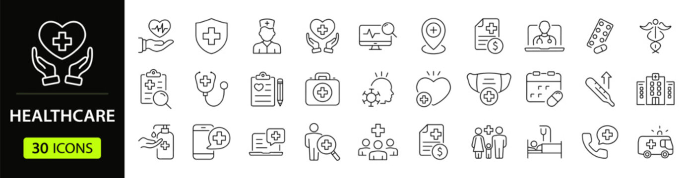 Healthcare set of web icons in line style. Medicine and Health Care linear icon collection. Containing emergency, doctor, treatment, medical, report, diagnosis, health, prevention. Editable stroke