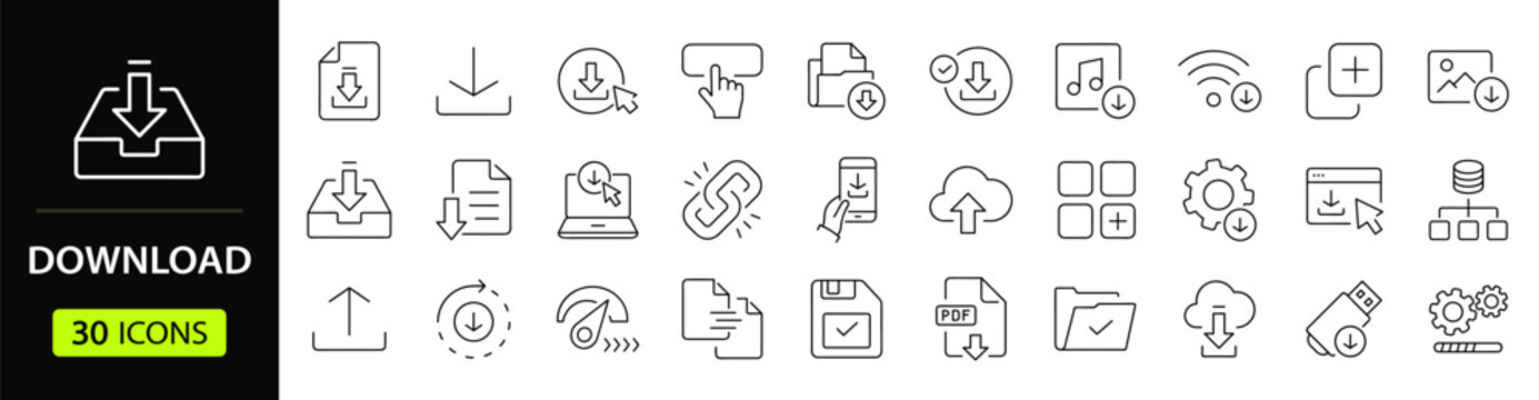 Download set of web icons in line style. Upload and Download linear icon collection. Containing arrow, link, folder, download file, cloud storage, web button. Editable stroke