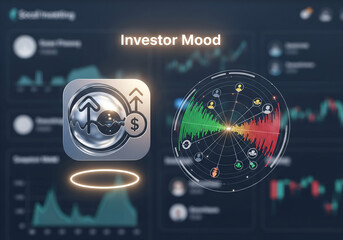 Investor Mood Sentiment Analysis and Social Trading Concept: Futuristic Dashboard Displaying Market Trends, Stock Fluctuations, and Financial Data Visualization.