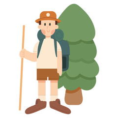 Cartoon Man Hiking and Camping. Vector illustration of a happy man hiking and camping in the mountains. Perfect cartoon for outdoor adventure, nature, and travel concepts. 