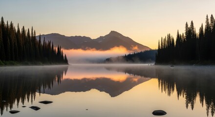 Tranquil lake scenery with forest reflections during dreamy golden sunrise