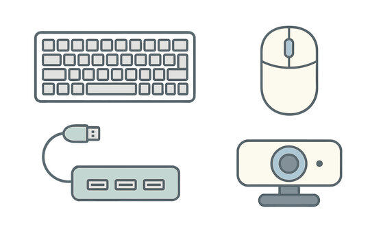 Modern computer peripherals set with keyboard mouse USB hub and webcam for digital work environment and remote office