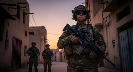 Guarding the Streets Armed Soldier Stands Watch in Urban Setting with Comrades on Patrol