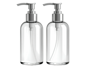Two clear plastic pump bottles with silver tops