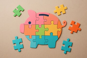 Obraz premium Puzzle piggy bank with colorful pieces, symbolizing financial planning and problem-solving in money management
