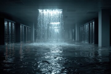 Flooded futuristic data center with water cascading inside