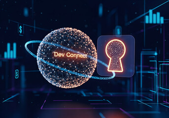 Abstract digital concept representing secure developer connection, global network security, and protected data access in a futuristic technological environment with glowing keyhole icon and spherical.