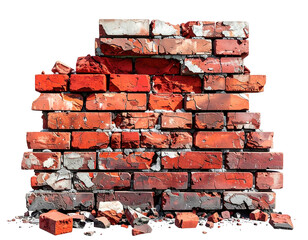 Damaged red brick wall, showing cracks and broken pieces
