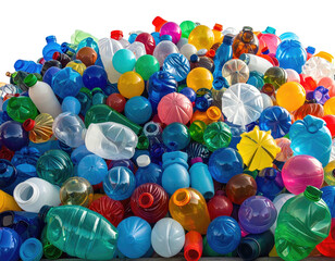 A colorful, overflowing pile of various plastic bottles and containers