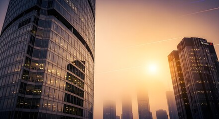 Skyscrapers Emerging Through The Early Morning Mist Bathed In Soft Golden Sunlight