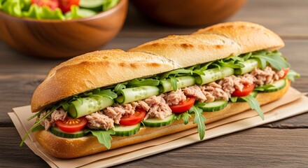 Delicious Tuna Sandwich with Fresh Vegetables on a Wooden Table, a healthy and appetizing meal