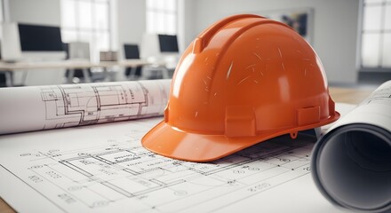 Orange Construction Helmet Resting on Building Blueprints in Bright Office Setting