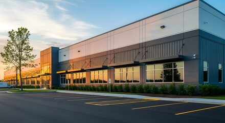 Modern Corporate Facade Architectural Elegance in a Business Park Setting with Natural Light