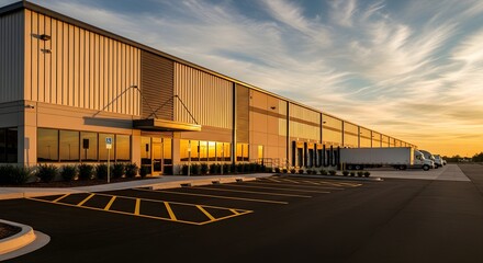 Sunset at a Modern Warehouse A Study in Light and Shadow Reflecting Industrial Progress